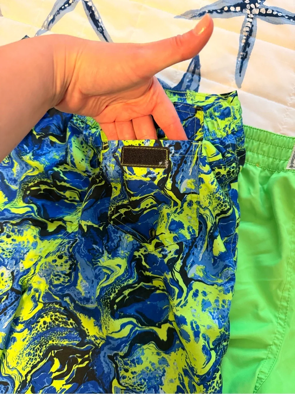 Ralph Lauren Neon Green Swim Shorts with Blue and Navy Patterned Trunks bodyglov